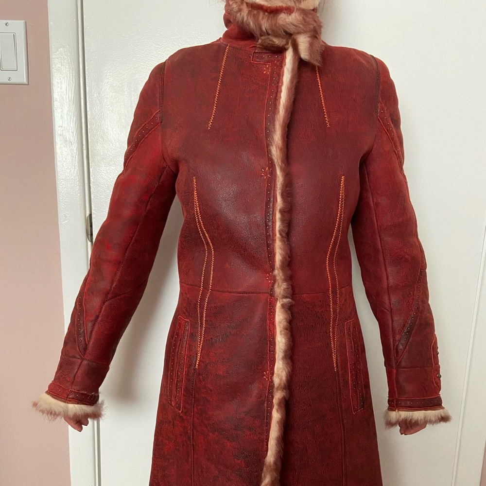 Burgundy leather coat with shearling lining